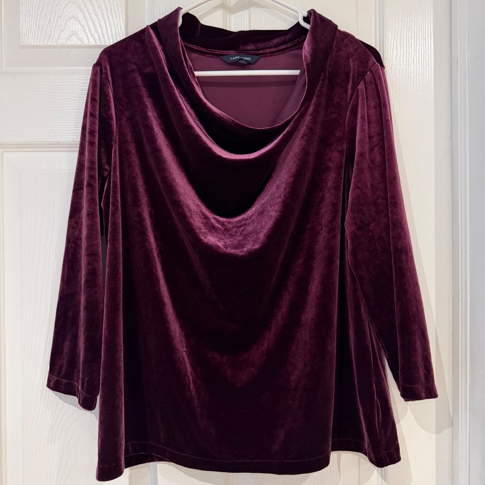 Lands End Burgundy Velvet Cowl Neck Long Sleeve Top Plum Holiday Party Evening